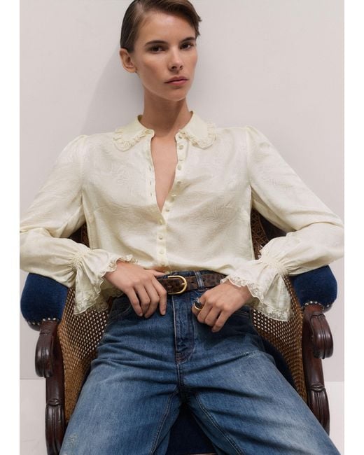 ME+EM Natural Fluid Jacquard And Lace Trim Blouse + Tie