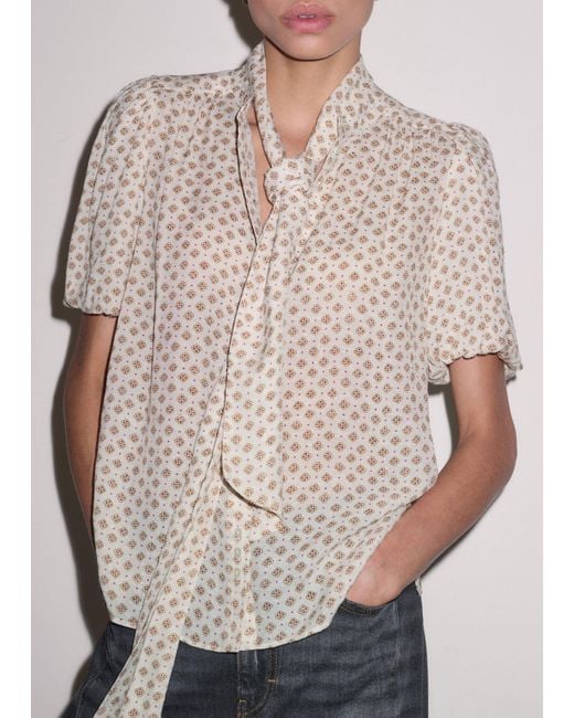 ME+EM Gray Silk Cotton Foulard Print Short Sleeve Blouse + Tie