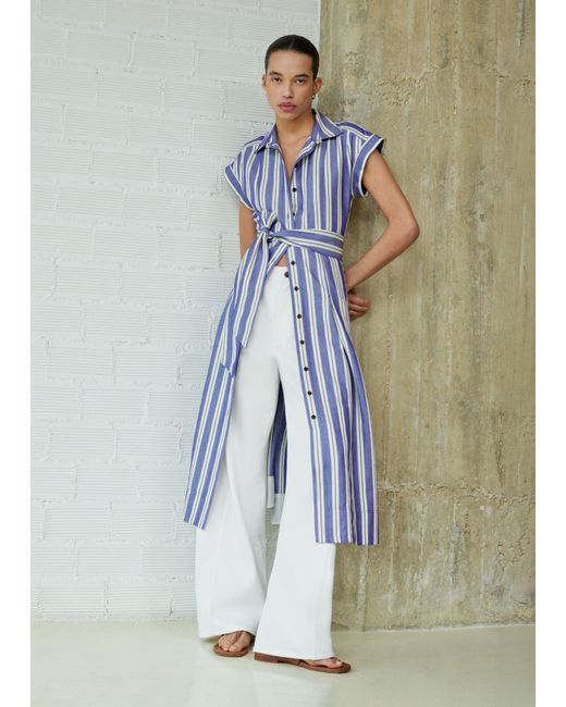 ME+EM Blue Stripe Fit And Flare Midi Shirt Dress + Belt-Multi
