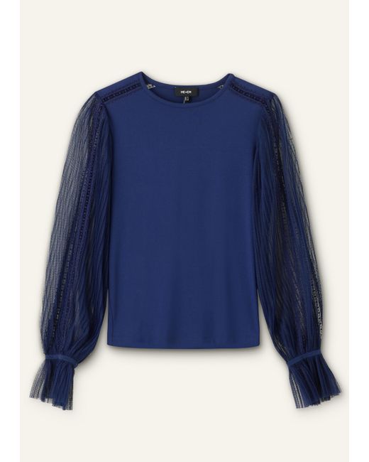 ME+EM Blue Lace Insert Tulle Layering Blouse