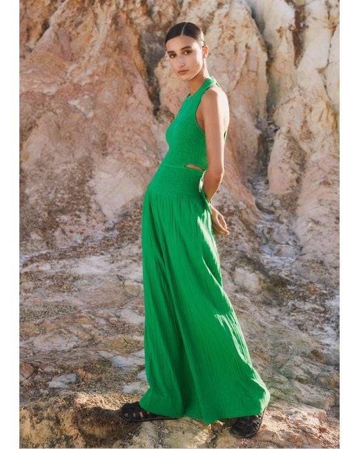 ME+EM Green Cheesecloth Shirred Wide-leg Jumpsuit