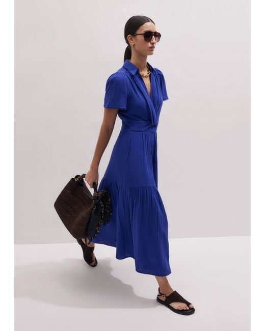 ME+EM Blue Fit & Flare Twist Detail Cheesecloth Maxi Dress