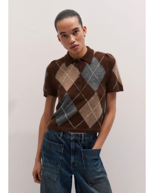 ME+EM Blue Merino Cashmere Silk Argyle Pouf Sleeve Knit Tee