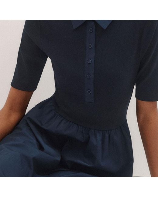 ME+EM Blue Mixed Media Shirt Collar Short Dress