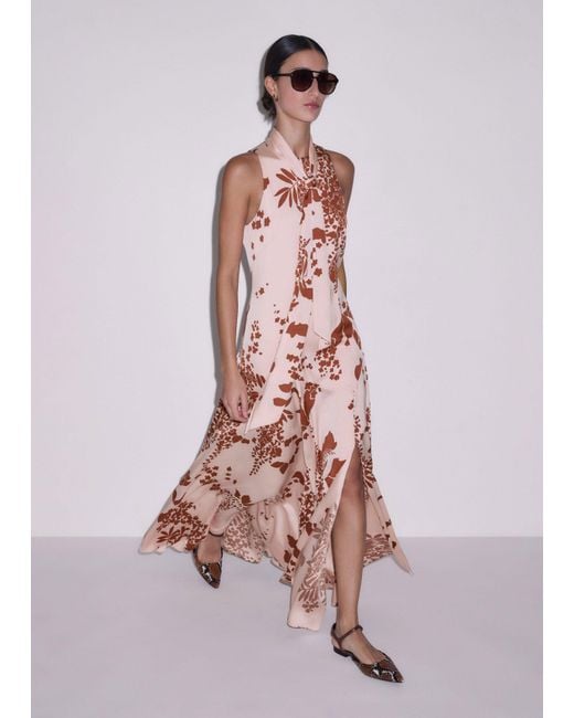 ME+EM Pink Silk Satin Draping Wisteria Print Full Length Dress + Tie-Cinnamon