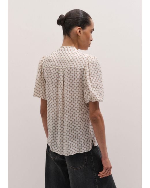 ME+EM Gray Silk Cotton Foulard Print Short Sleeve Blouse + Tie