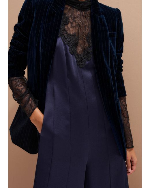 ME+EM Blue Lace + Satin Back Crepe Wideleg Jumpsuit + Belt