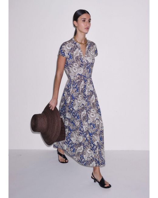 ME+EM Multicolor Elaborate Botanical Print Tiered Maxi Slub Dress