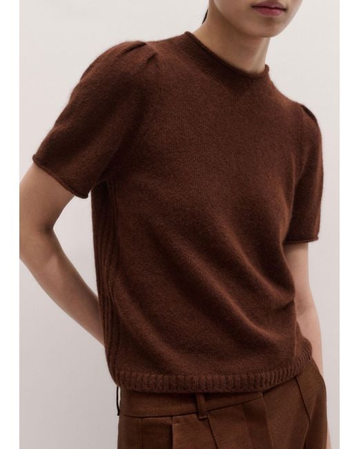 ME+EM Brown Merino Cashmere Silk Pouf Sleeve Knit Tee