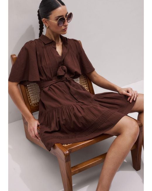 ME+EM Brown Pin Tuck Detail Mini Swing Dress + Slip