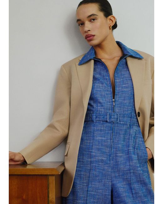 ME+EM Blue Texture Wide Leg Cropped Jumpsuit