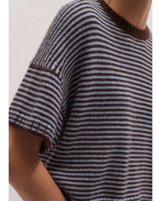 ME+EM Gray Wool Cashmere Silk Relaxed Crop Knit Tee Pecan-Chambray