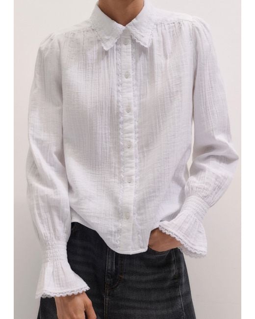 ME+EM Gray Cheesecloth Delicate Lace Trim Long Sleeve Blouse