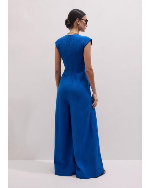 ME+EM Blue Cheesecloth Smocked Bodice Wide Leg Jumpsuit + Belt