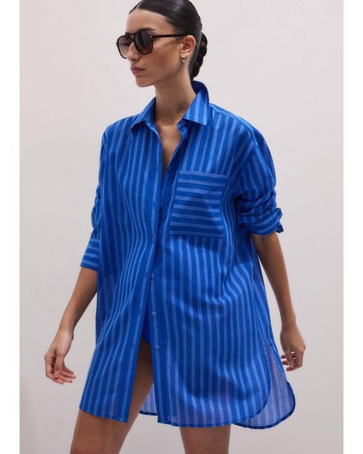 ME+EM Blue Cotton Voile Striped Beach Shirt Intense-Sky
