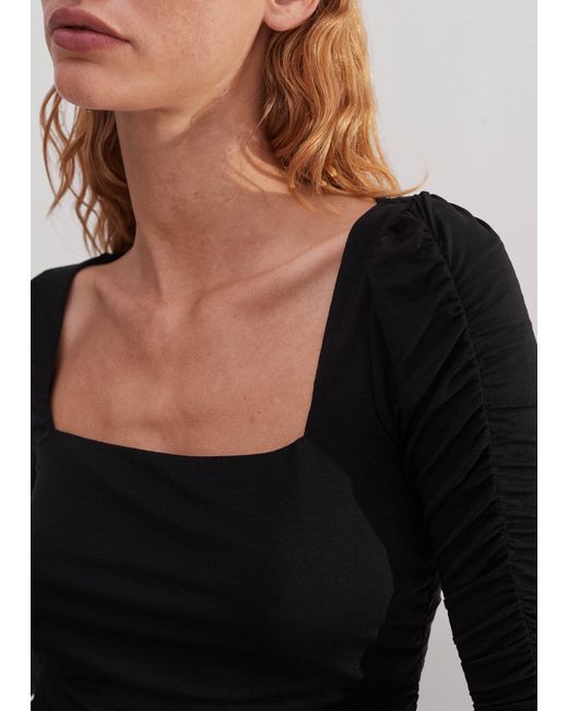 ME+EM Black Ruched Square Neck Top
