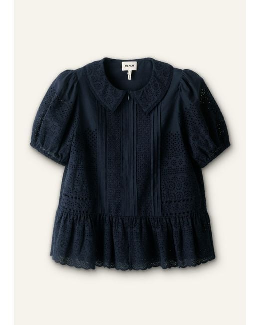 ME+EM Blue Cotton Broderie Boxy Peplum Top