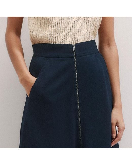 ME+EM Blue Luxe Travel Tailoring Zip-Front Midi Skirt
