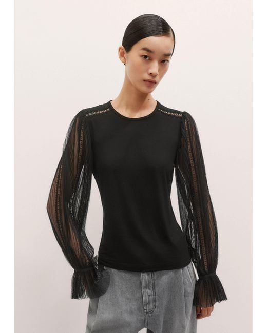 ME+EM Black Lace Insert Tulle Layering Blouse