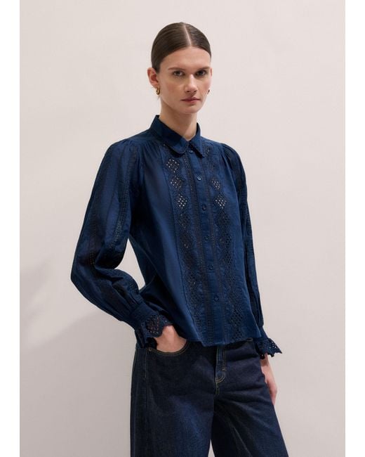 ME+EM Blue Cotton Voile Broderie Detail Shirt