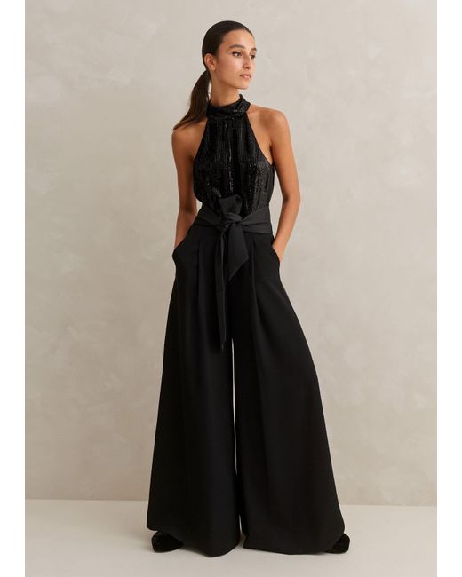 ME+EM Black Silk-blend Sequin Halterneck Jumpsuit+ Belt