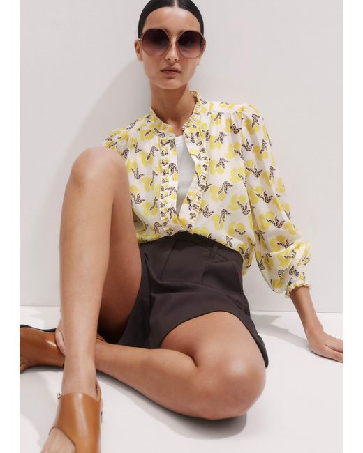 ME+EM Blue Silk Cotton Bird Of Paradise Print Blouse