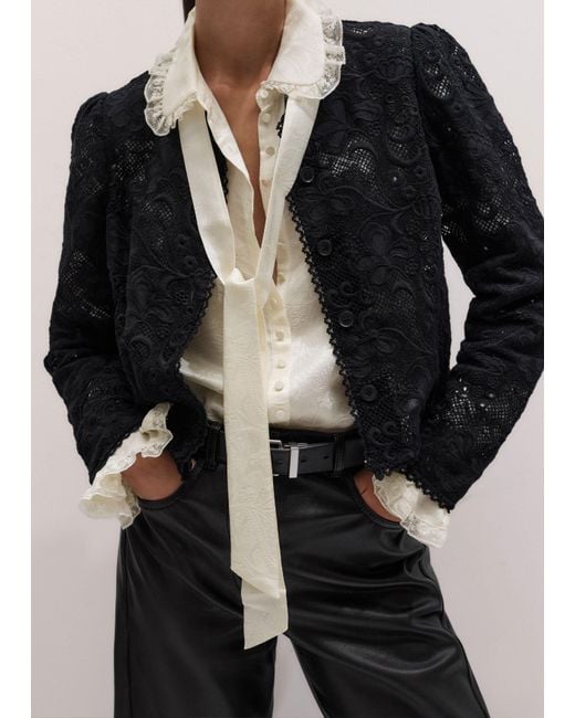 ME+EM Natural Fluid Jacquard And Lace Trim Blouse + Tie