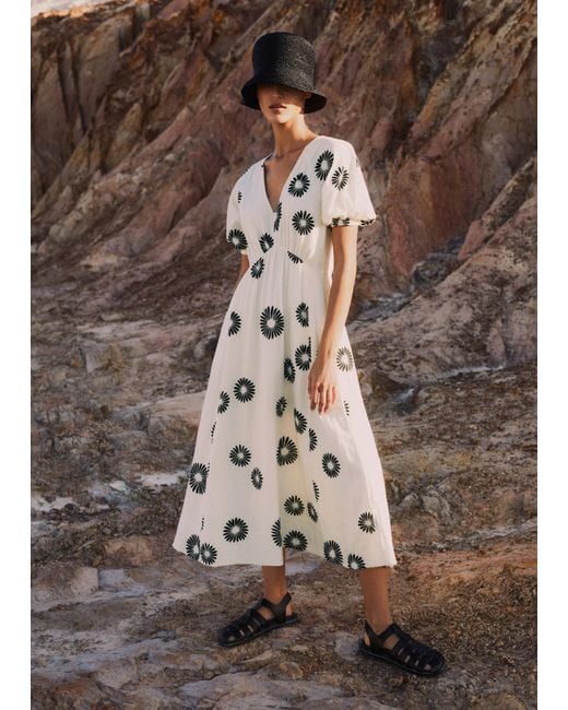 ME+EM Brown Cheesecloth Modern Daisy Print Midi Dress