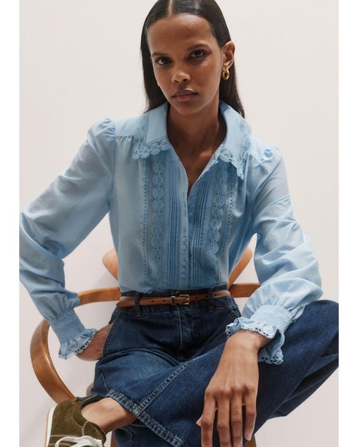 ME+EM Blue Silk Cotton Lace Trim Straight Blouse