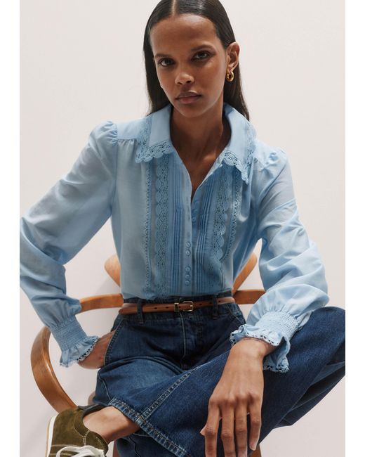 ME+EM Blue Silk Cotton Lace Trim Straight Blouse