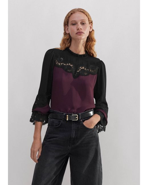 ME+EM Multicolor Silk Lace Trim Color Block Blouse