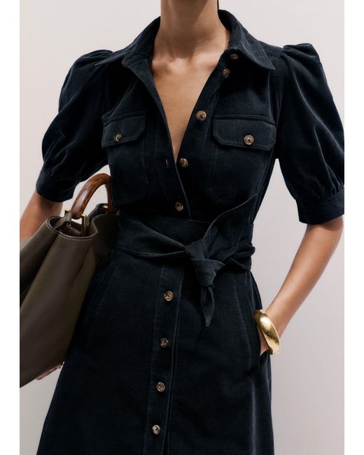 ME+EM Blue Cord Fit And Flare Maxi Shirt Dress + Tie