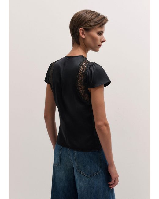 ME+EM Black Silk Satin And Lace Cap Sleeve Top