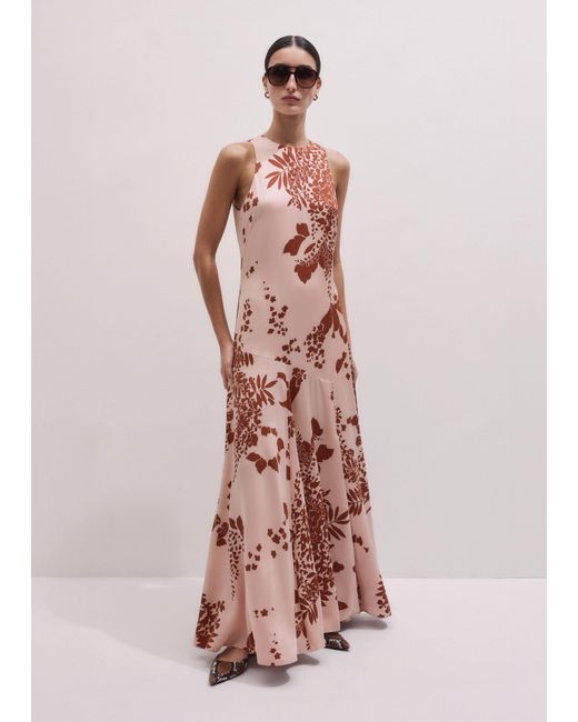 ME+EM Pink Silk Satin Draping Wisteria Print Full Length Dress + Tie-Cinnamon