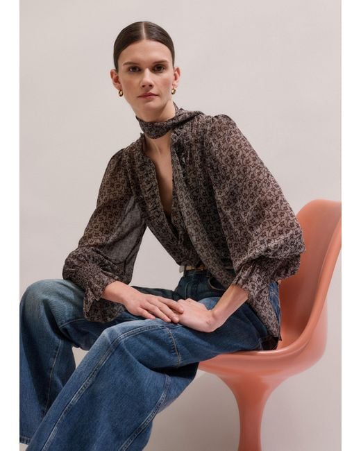 ME+EM Multicolor Silk Ditsy Lace Print Straight Blouse With Tie + Cami/Light Cream