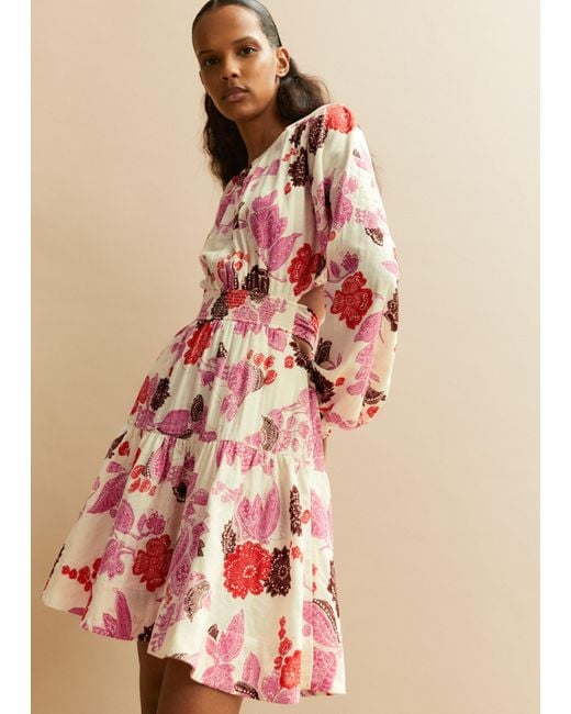 ME+EM Pink Cheesecloth Bali Print Fit And Flare Dress