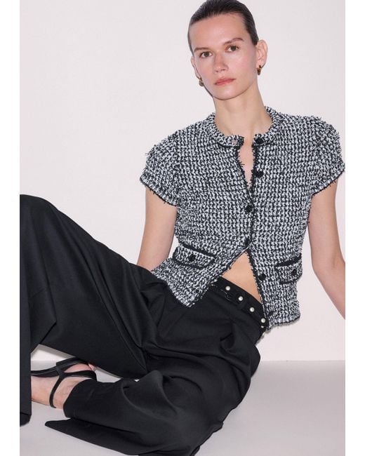 ME+EM Gray Tweed Knit Pouf Sleeve Crop Jacket