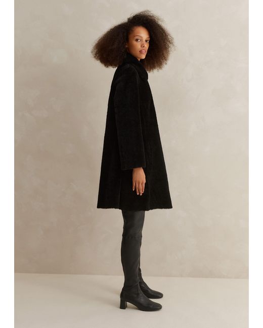 ME+EM Black Luxe Shearling Leather Mix Swing Coat