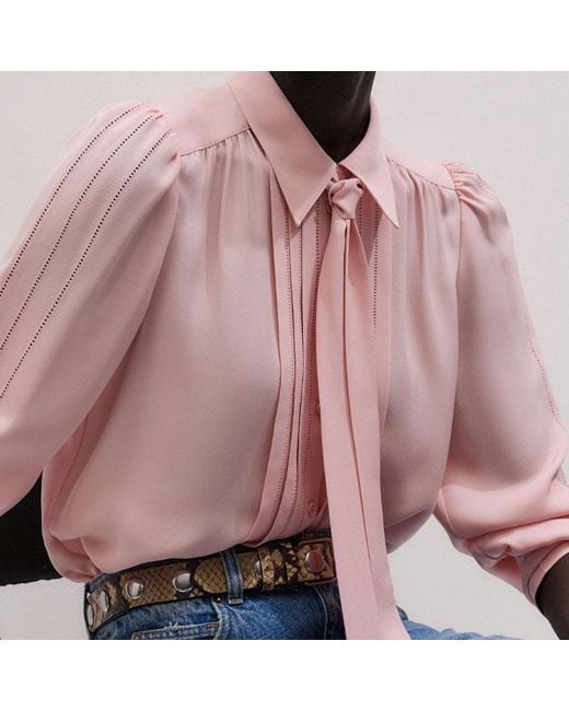 ME+EM Pink Silk Feminine Embroidered Straight Blouse + Tie