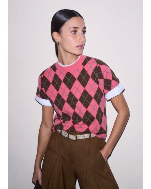 ME+EM Pink Cashmere Argyle Knit Baby Tee Rhubarb/Chestnut/ Melange