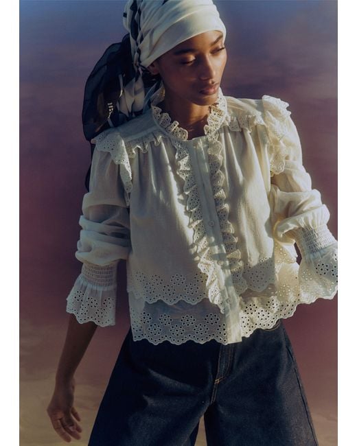 ME+EM Blue Cotton Broderie Ruffle Cropped Top