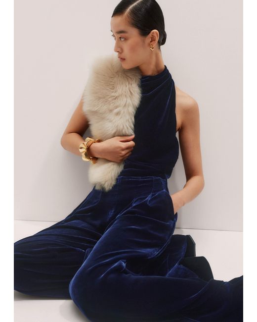 ME+EM Blue Silk Blend Velvet Dropped Neckline Jumpsuit