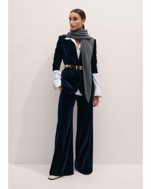 ME+EM Blue Pinstripe Velvet Sharp Shoulder Blazer