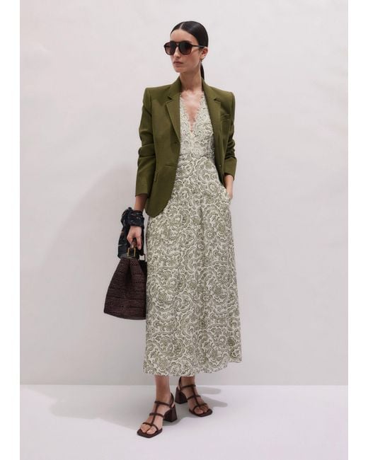 ME+EM Multicolor Silk Cotton Entangled Lace Print Maxi V Neck Dress-Light Cream