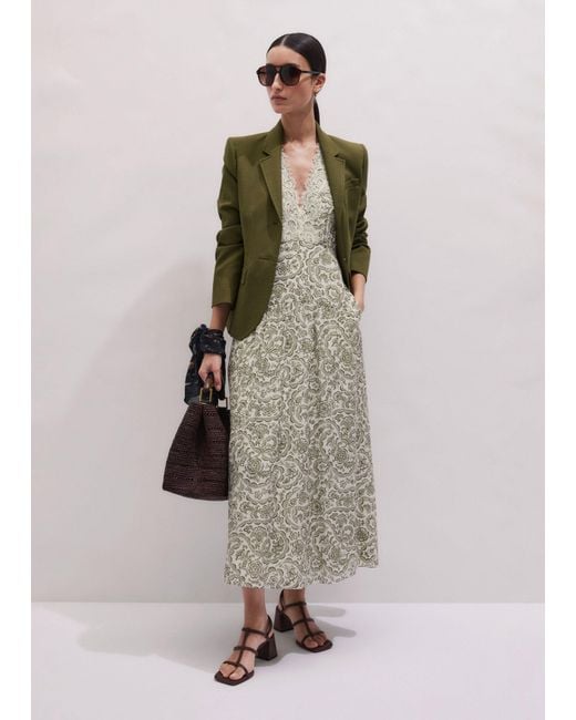 ME+EM Multicolor Silk Cotton Entangled Lace Print Maxi V Neck Dress-Light Cream