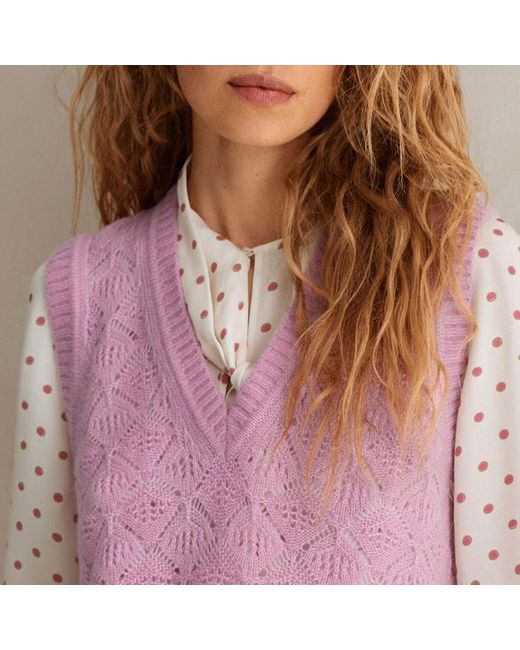 ME+EM Pink Merino Cashmere Silk Lace Stitch V-neck Vest