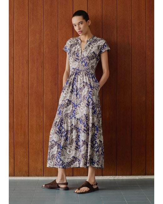 ME+EM Multicolor Elaborate Botanical Print Tiered Maxi Slub Dress