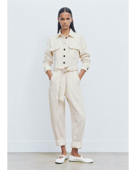 ME+EM White Cotton Herringbone Utility Jumpsuit
