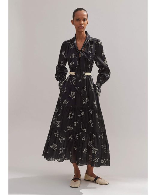 ME+EM Black Silk Organza Cherry Blossom Print Maxi Dress/Light Cream