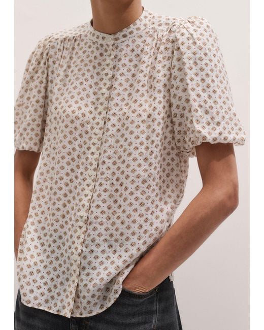 ME+EM Gray Silk Cotton Foulard Print Short Sleeve Blouse + Tie